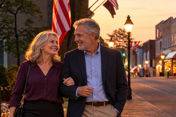 Smiling couple over 60 walking arm in arm along a small town main street at sunset, heading out for dinner on a warm evening in the USA